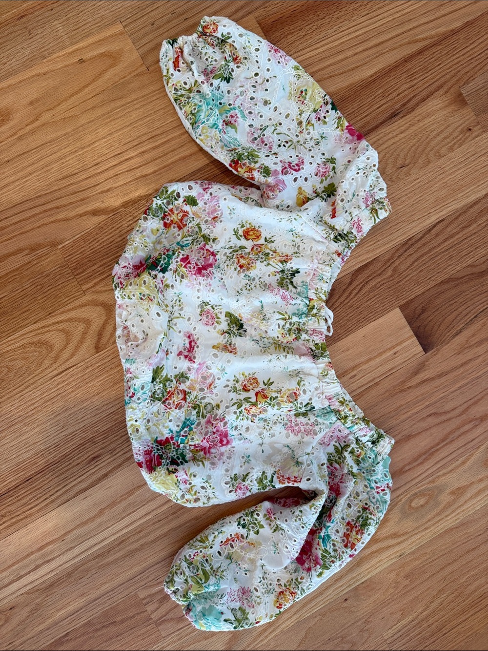 Astr White Floral Eyelet Puff-Sleeve off the shoulder crop top